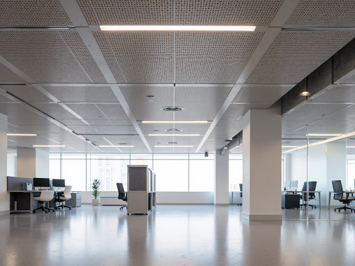 现代办公室铝蜂窝板家具组合，浅色木纹表面，几何造型，明亮光线